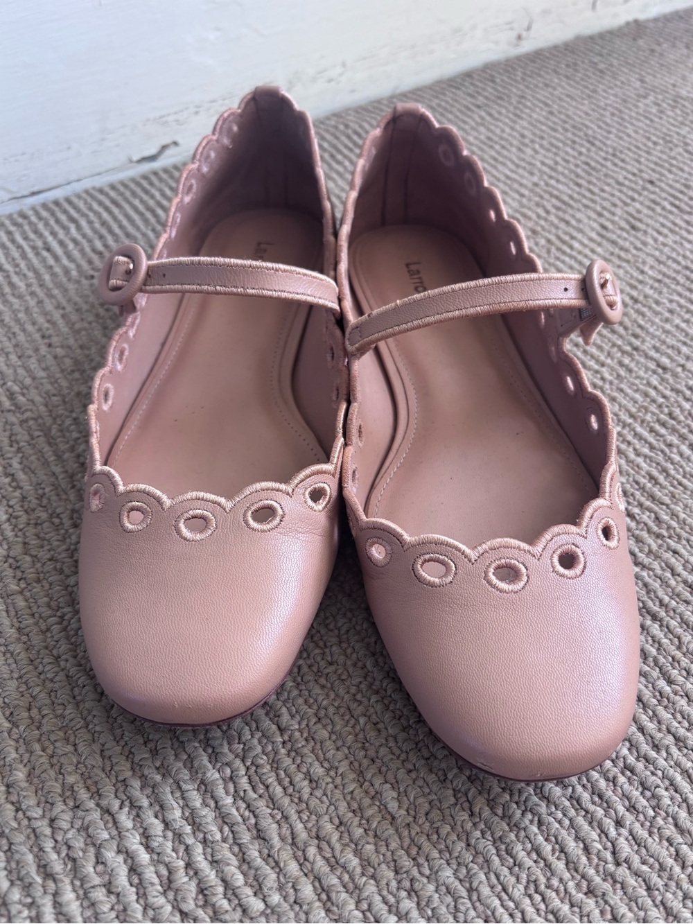 Larroude Nude Colored Mary Jane Shoes with Scalloped Eyelet Trim